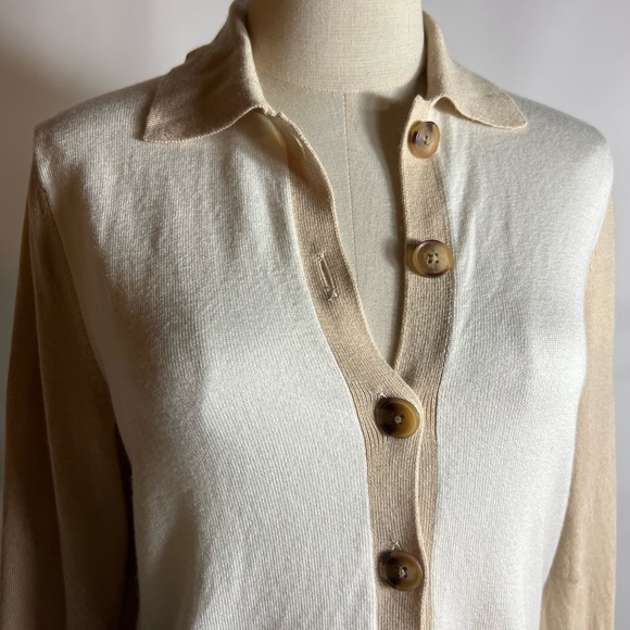 ANN TAYLOR Old Money Polo Cardigan Tan White 3/4 Sleeve Womens Small - Picture 3 of 8